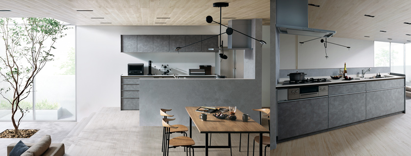 ミニマルな空間と相性のいい抽象柄のキッチンは住み手の価値観をいちだんと際立たせる。